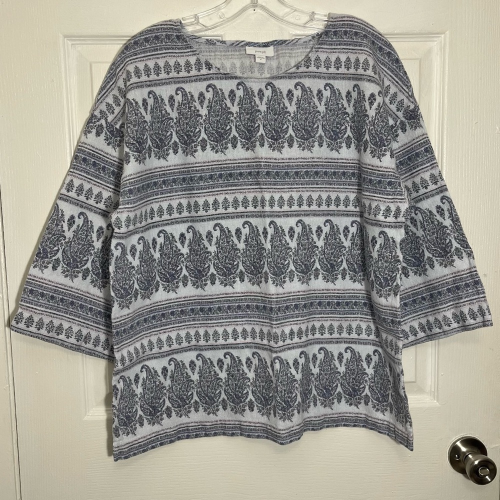 PURE JILL Hemp Cotton Boho drop shoulder 3/4 sleeve Paisley Top | size medium